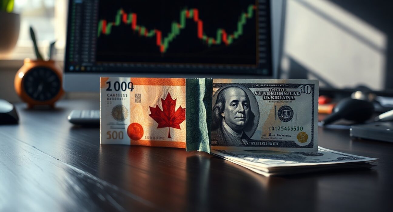 Canadian and US dollar banknotes on a desk with financial charts in background