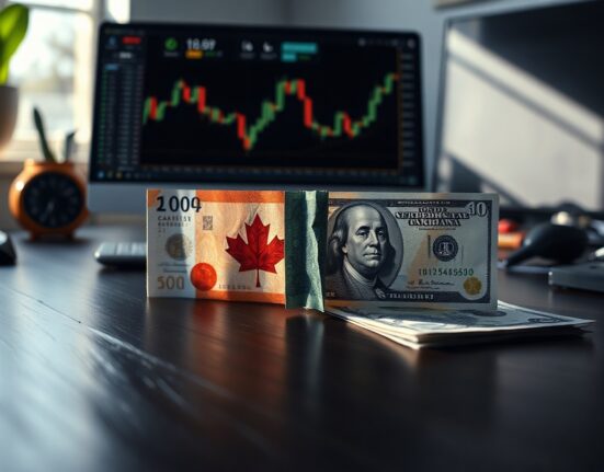 Canadian and US dollar banknotes on a desk with financial charts in background