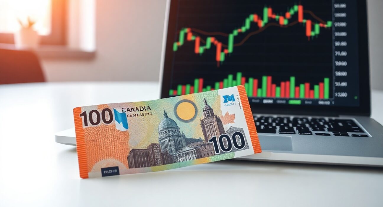 Canadian dollar banknote with forex chart on laptop in office setting