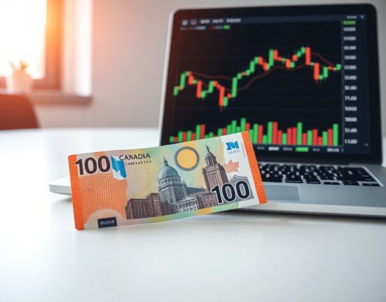 Canadian dollar banknote with forex chart on laptop in office setting