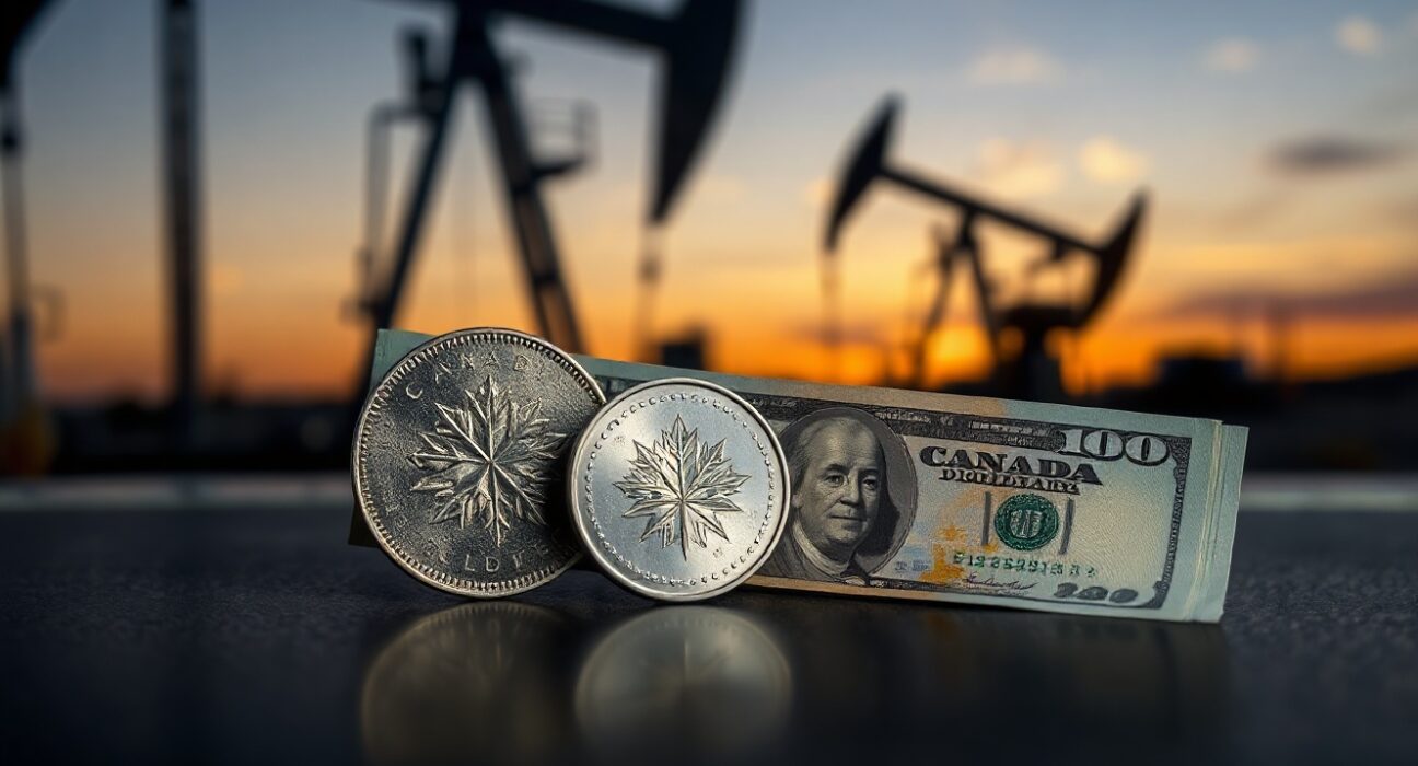 Canadian loonie coin and US dollar bill on a reflective surface with an oil pumpjack silhouette in the background.