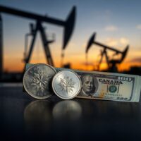 Canadian loonie coin and US dollar bill on a reflective surface with an oil pumpjack silhouette in the background.