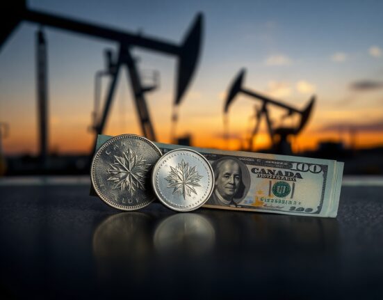 Canadian loonie coin and US dollar bill on a reflective surface with an oil pumpjack silhouette in the background.