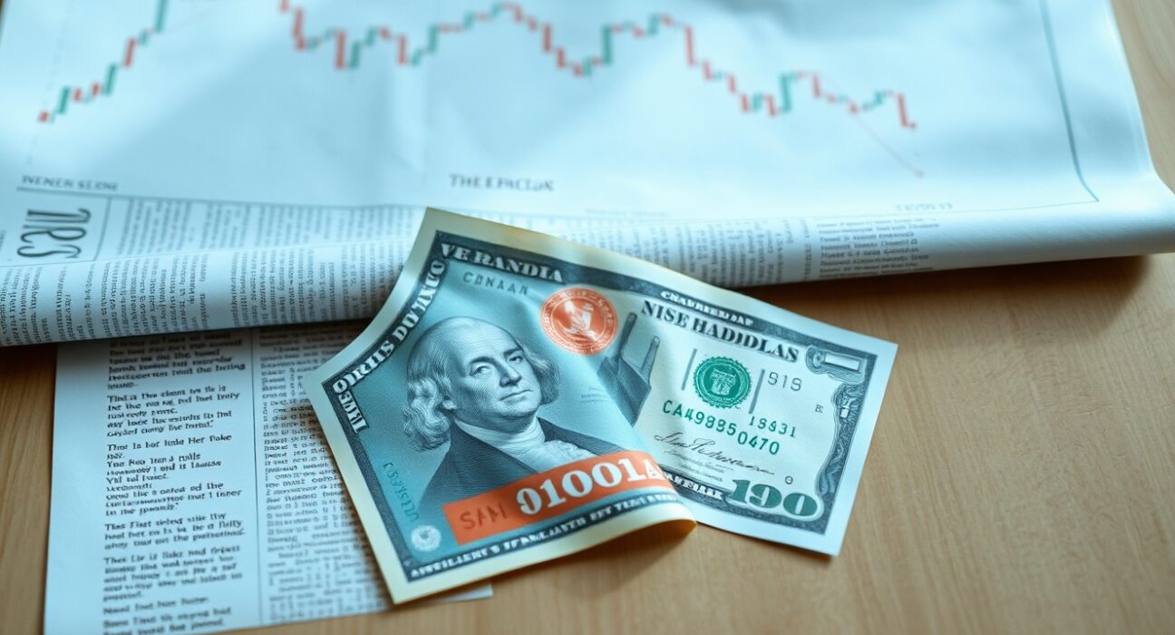 Canadian and US dollar banknotes on a financial newspaper with a downward chart in background.