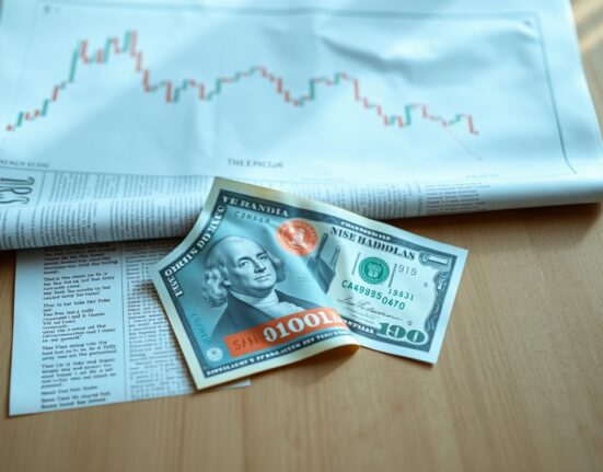 Canadian and US dollar banknotes on a financial newspaper with a downward chart in background.