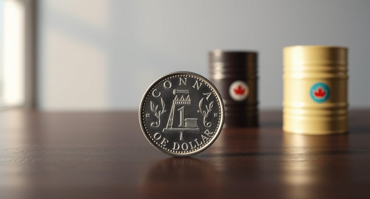 Canadian dollar coin next to a small oil barrel model on a wooden surface
