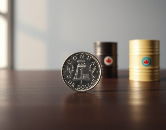 Canadian dollar coin next to a small oil barrel model on a wooden surface
