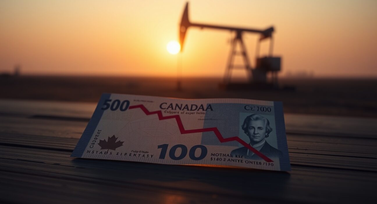 Canadian dollar banknote with a downward trending graph and oil derrick silhouette in background