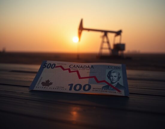 Canadian dollar banknote with a downward trending graph and oil derrick silhouette in background