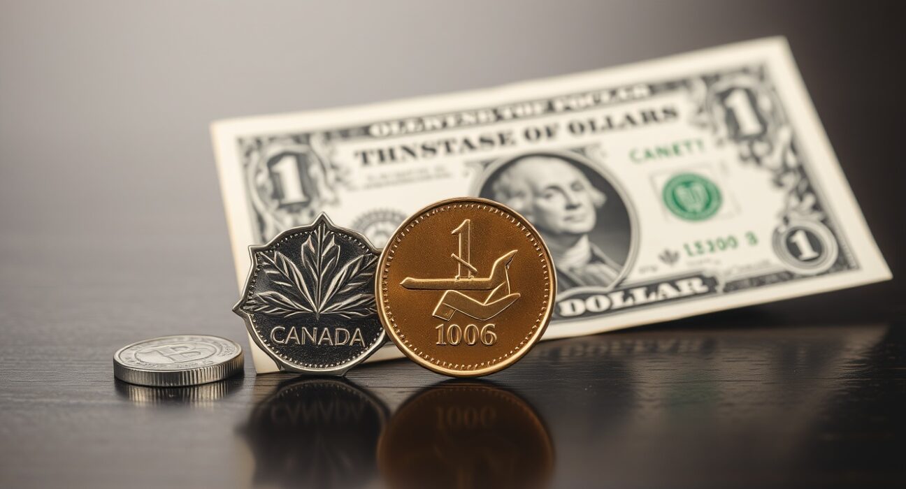Canadian loonie coin and US dollar bill on a table, representing currency exchange rate dynamics.