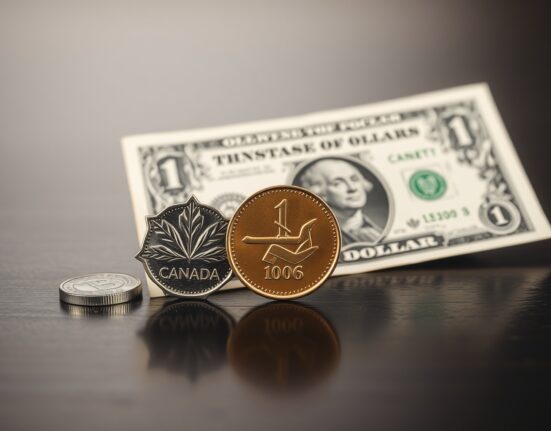Canadian loonie coin and US dollar bill on a table, representing currency exchange rate dynamics.