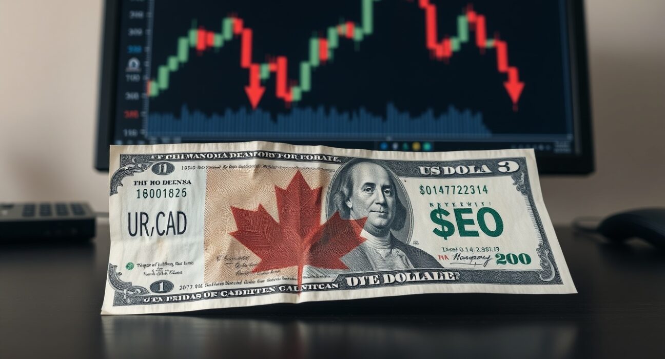 Canadian and US dollar banknotes on a desk with a declining forex chart in the background