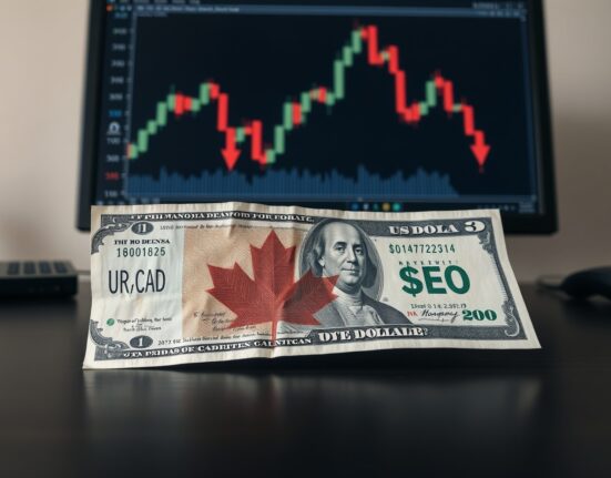 Canadian and US dollar banknotes on a desk with a declining forex chart in the background