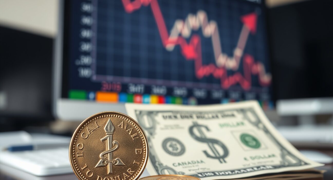 Canadian loonie coin and US dollar bill on desk with financial chart showing currency decline