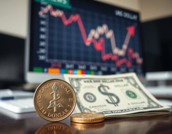 Canadian loonie coin and US dollar bill on desk with financial chart showing currency decline