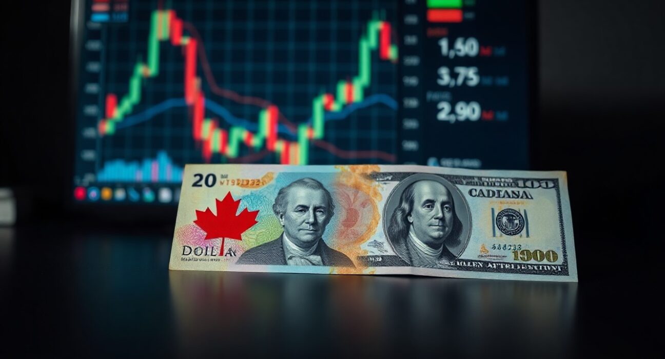 Canadian and US dollar banknotes on a desk with financial charts in the background