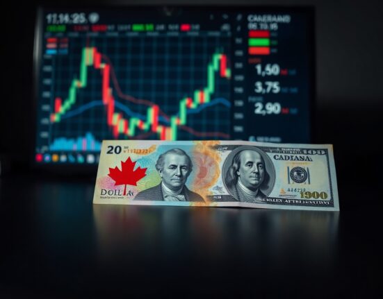 Canadian and US dollar banknotes on a desk with financial charts in the background