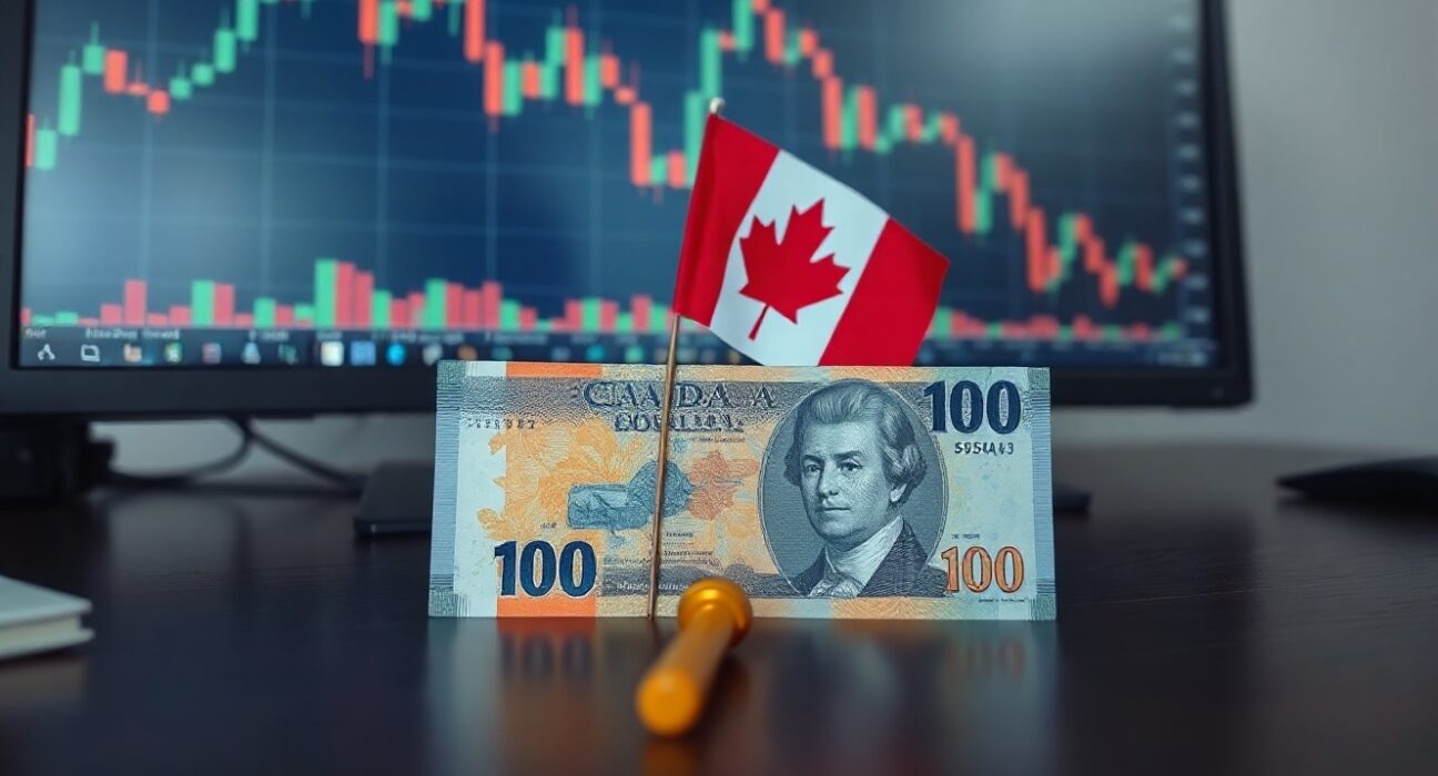 Canadian dollar banknote and flag on desk with USD/CAD chart showing downtrend