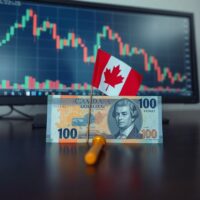 Canadian dollar banknote and flag on desk with USD/CAD chart showing downtrend