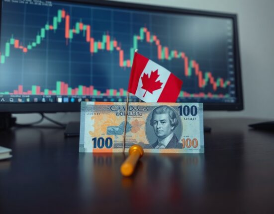 Canadian dollar banknote and flag on desk with USD/CAD chart showing downtrend