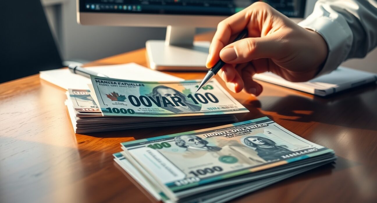 Canadian dollar banknote on desk with forex chart and analyst hand pointing, indicating potential trend reversal.