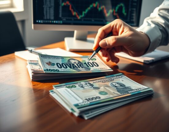 Canadian dollar banknote on desk with forex chart and analyst hand pointing, indicating potential trend reversal.