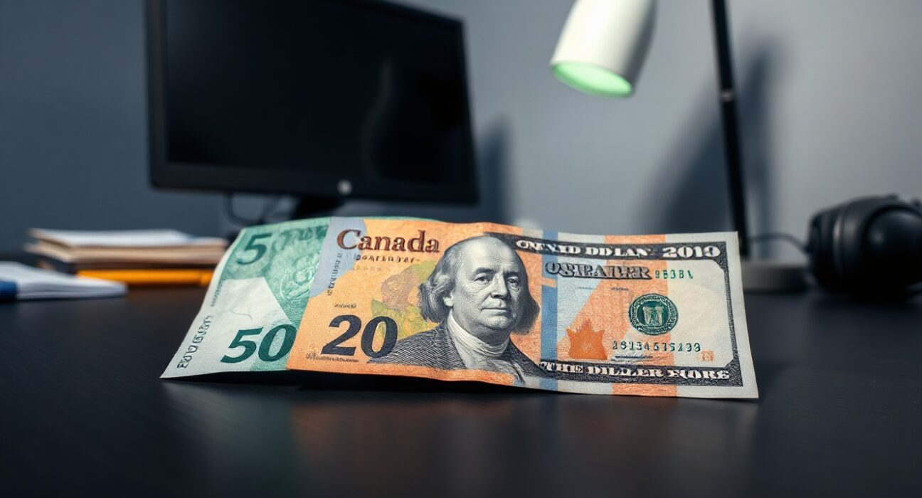 Canadian and US dollar banknotes on a desk, representing CAD/USD exchange rate analysis