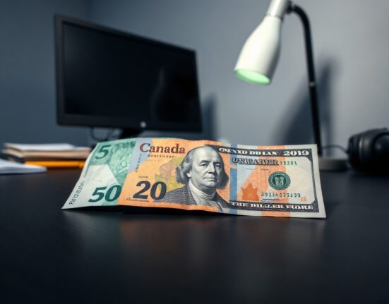 Canadian and US dollar banknotes on a desk, representing CAD/USD exchange rate analysis