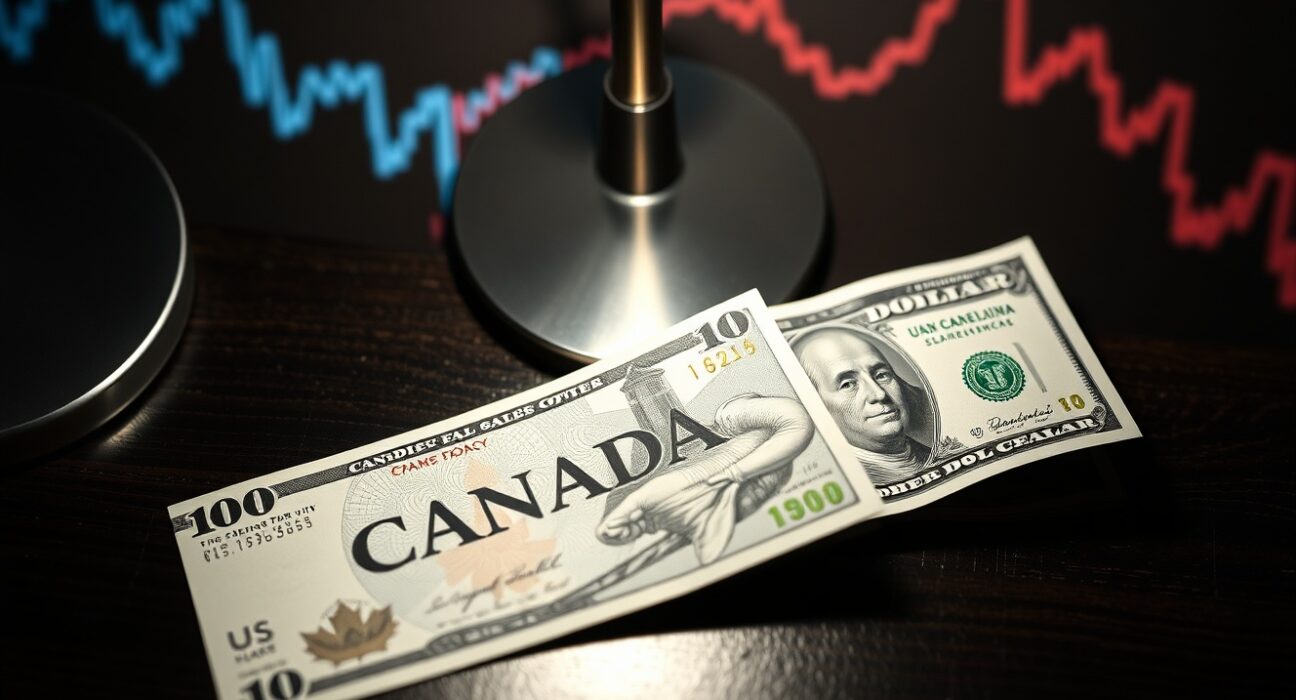 Canadian and US dollar banknotes on a desk with a financial chart background, representing currency market analysis.