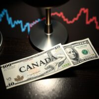 Canadian and US dollar banknotes on a desk with a financial chart background, representing currency market analysis.