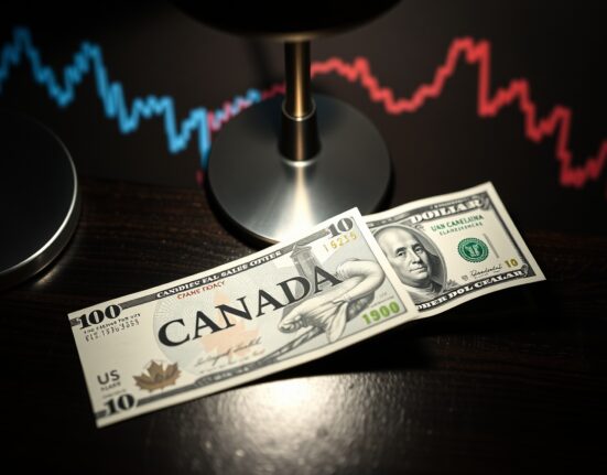 Canadian and US dollar banknotes on a desk with a financial chart background, representing currency market analysis.