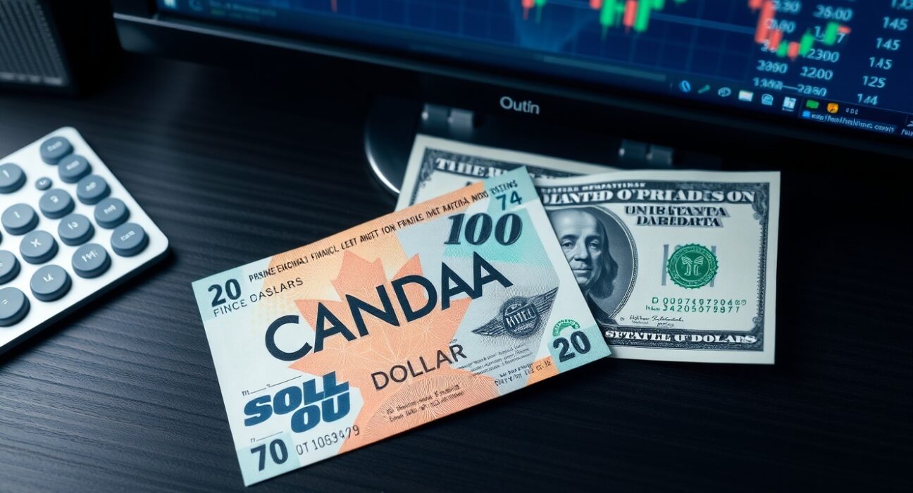 Canadian and US dollar banknotes on a desk with a financial chart in the background