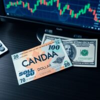 Canadian and US dollar banknotes on a desk with a financial chart in the background