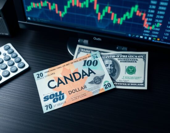 Canadian and US dollar banknotes on a desk with a financial chart in the background