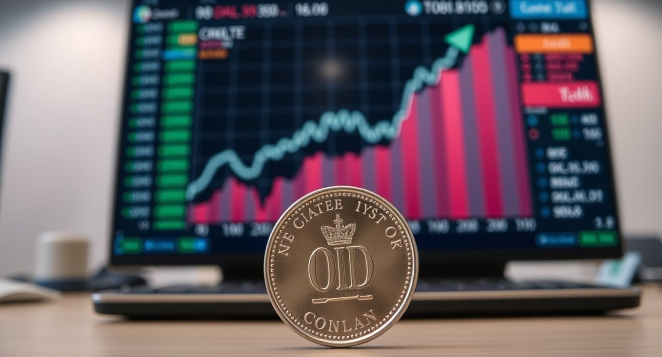 A Canadian dollar coin in front of a digital trading screen showing an upward oil price chart.