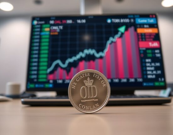 A Canadian dollar coin in front of a digital trading screen showing an upward oil price chart.