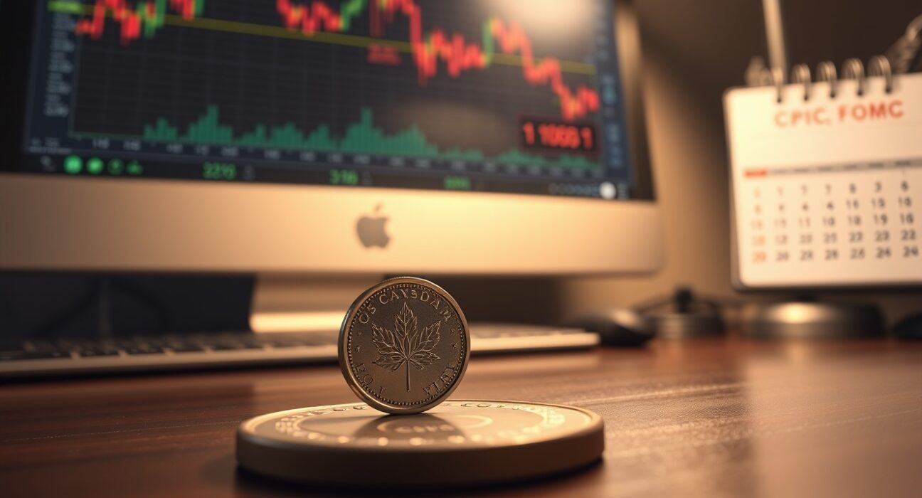 Canadian loonie coin on desk with financial charts and CPI calendar in background