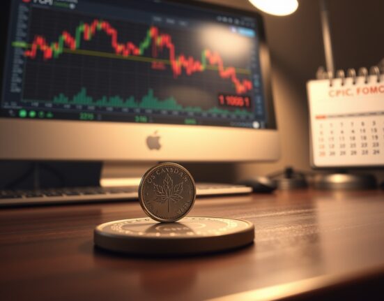 Canadian loonie coin on desk with financial charts and CPI calendar in background