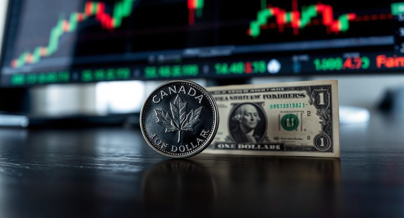 Canadian loonie coin and US dollar bill on a desk with blurred financial charts in background.