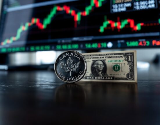 Canadian loonie coin and US dollar bill on a desk with blurred financial charts in background.