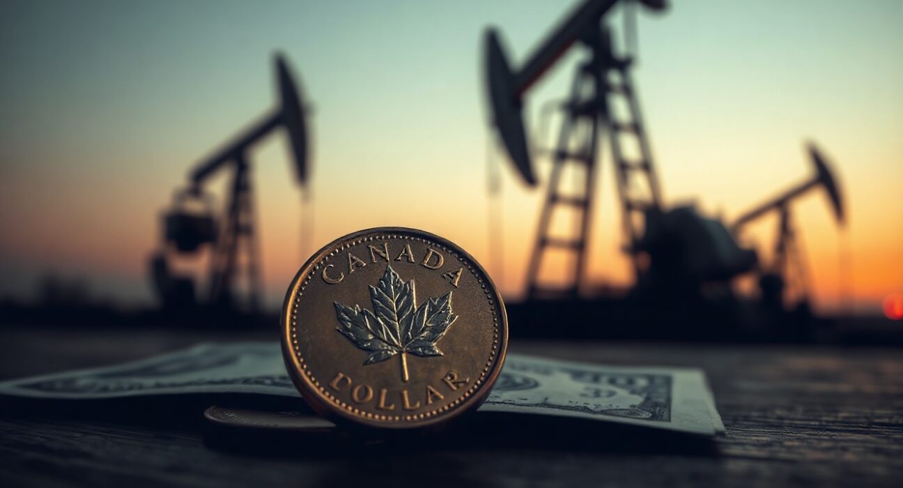 Canadian loonie coin and US dollar bill on desk with oil pump jack in background