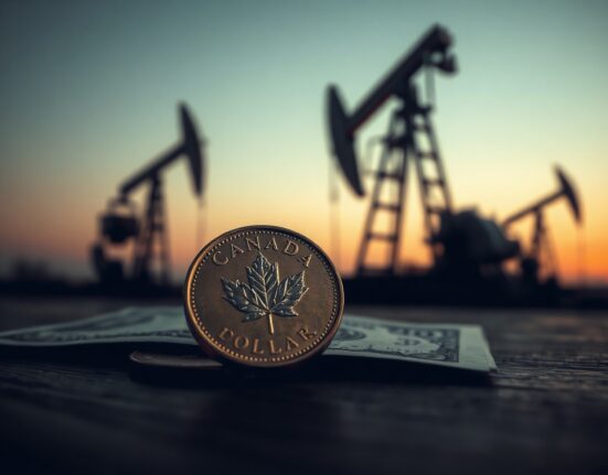 Canadian loonie coin and US dollar bill on desk with oil pump jack in background