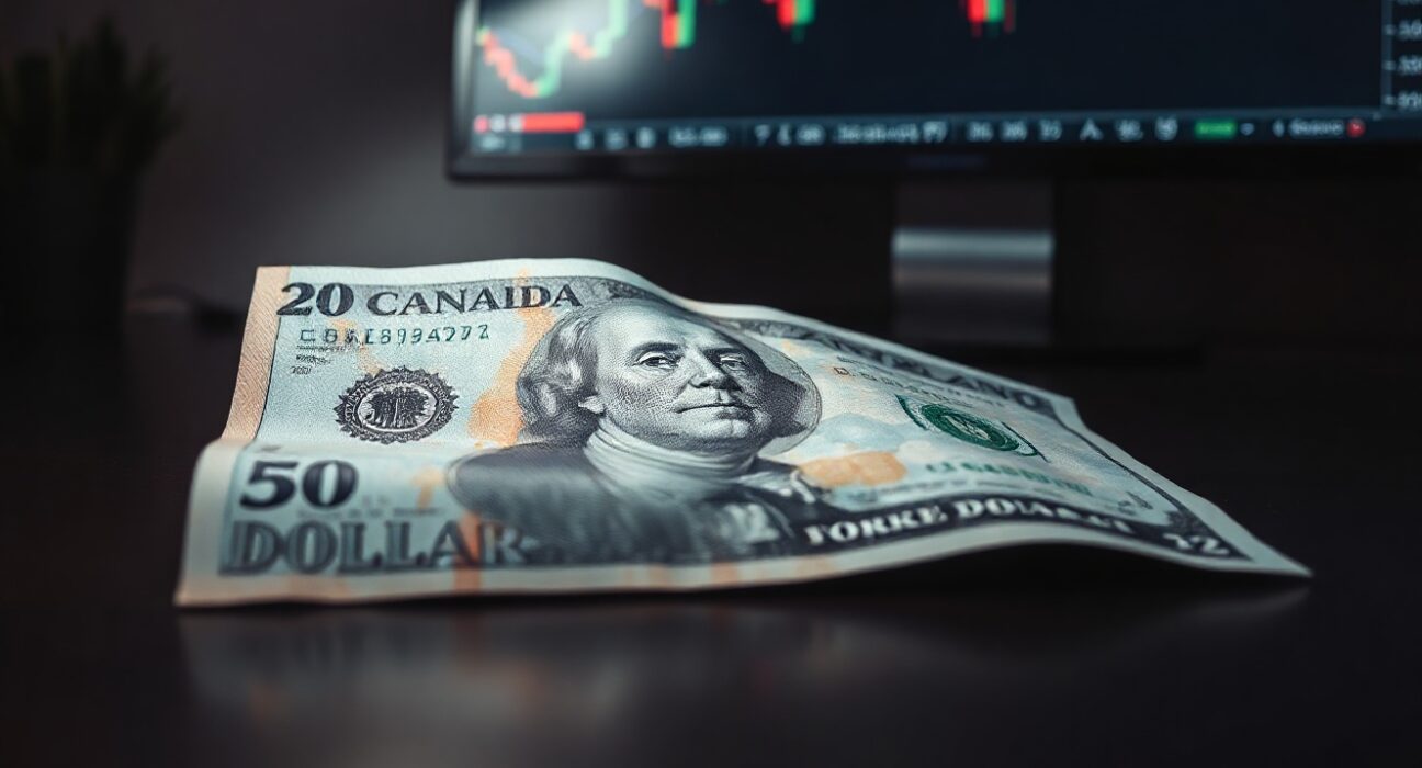 Canadian and US dollar banknotes on a desk with a forex chart in the background.