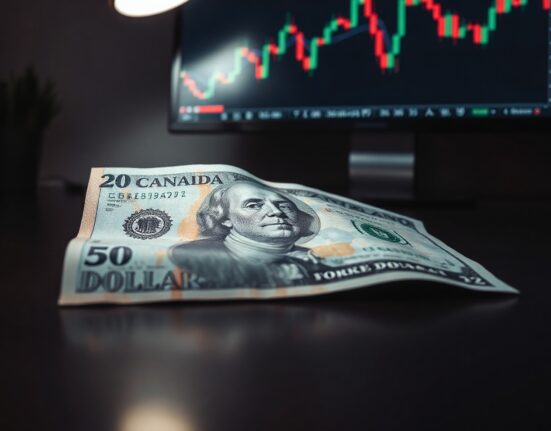Canadian and US dollar banknotes on a desk with a forex chart in the background.