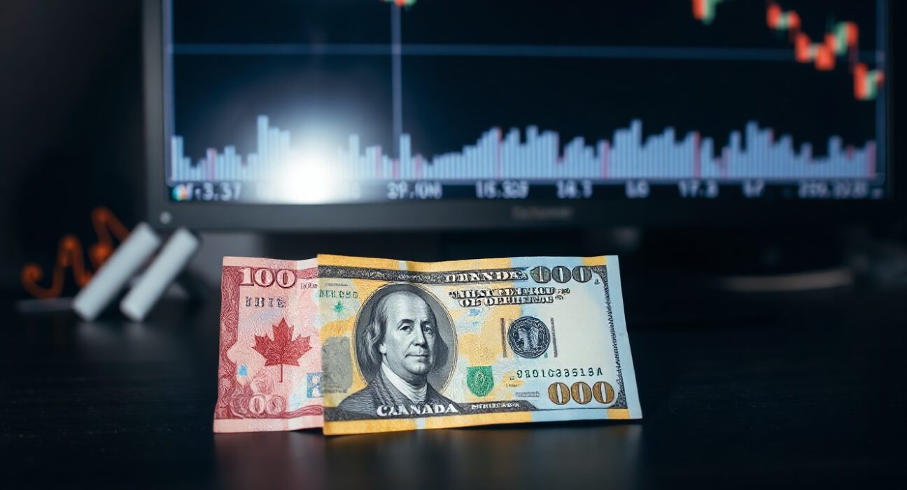 Canadian dollar and US dollar banknotes with a declining forex chart in background