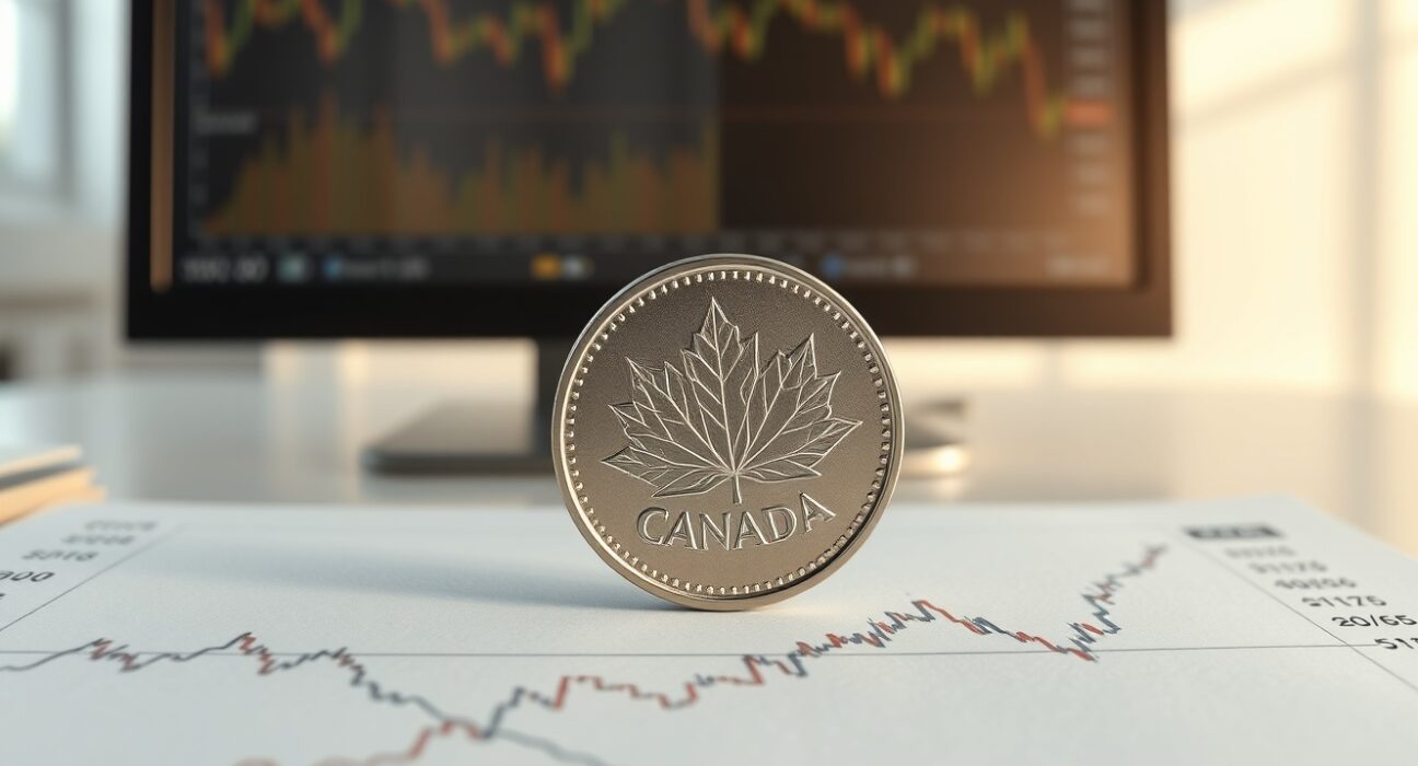 Canadian dollar coin as a hedge against energy market volatility shown with oil price charts.