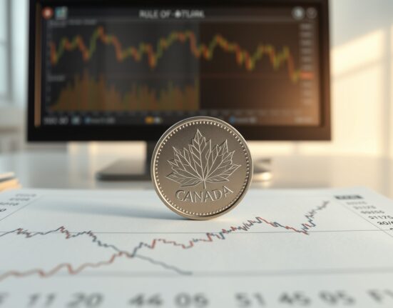 Canadian dollar coin as a hedge against energy market volatility shown with oil price charts.