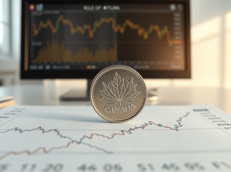Canadian dollar coin as a hedge against energy market volatility shown with oil price charts.