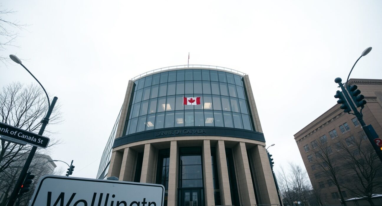 Bank of Canada building in Ottawa on a cloudy winter day, representing monetary policy and inflation concerns.