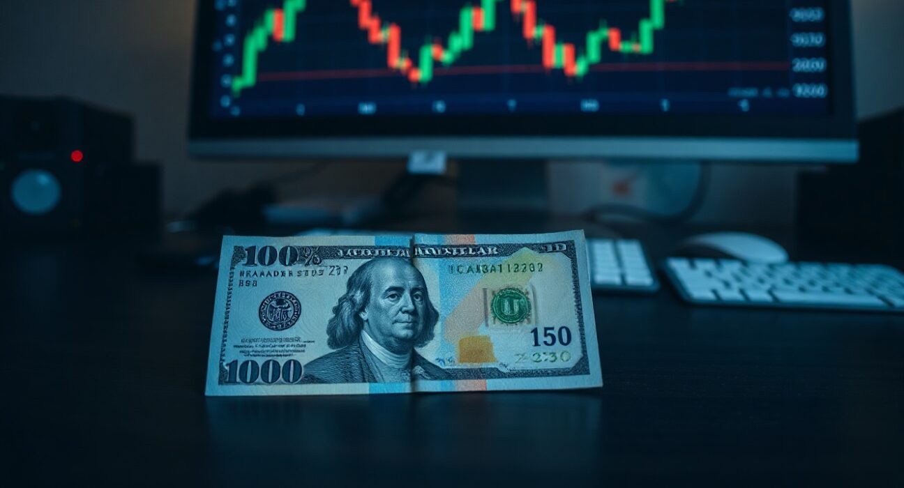 Canadian and US dollar banknotes with a computer monitor showing a USD/CAD chart in the background